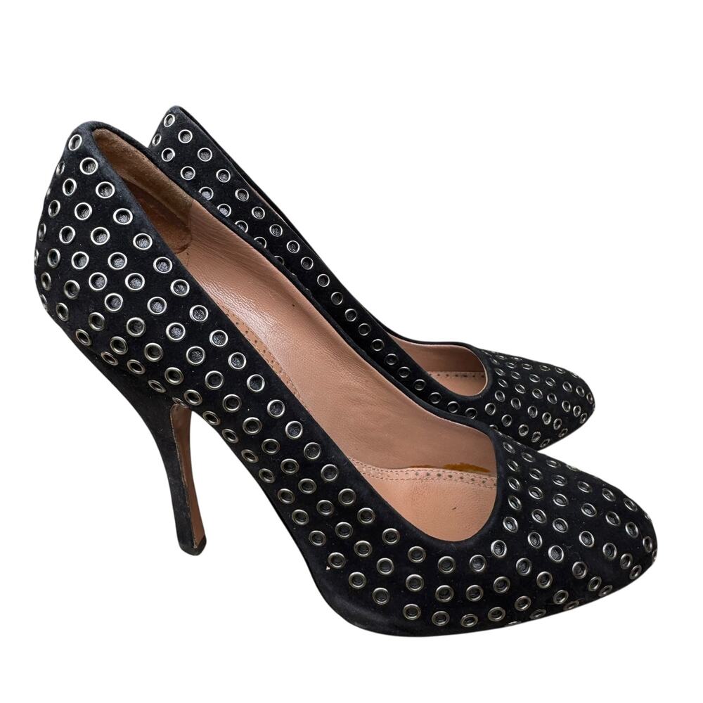 ALAIA Paris Black Suede Silver Grommet Studded Almond Toe Stiletto Heels 37.5